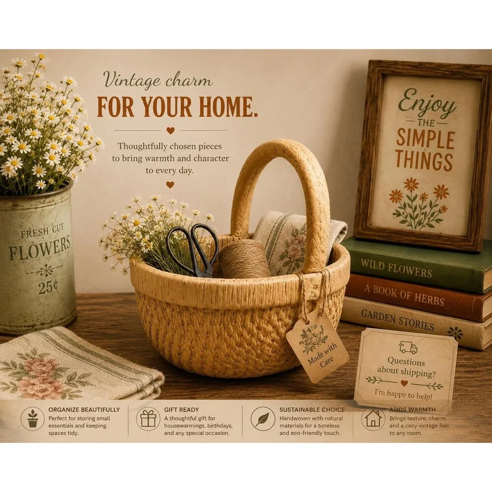 Woven Basket 11” x 12” | Handmade Storage, Farmhouse Decor, Rustic Organization